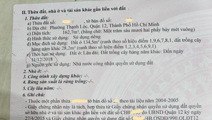 Bán đất MT Thạnh Lộc 19 Q. 12, vuông đẹp, 134.5m2, giá giảm còn 7.x tỷ